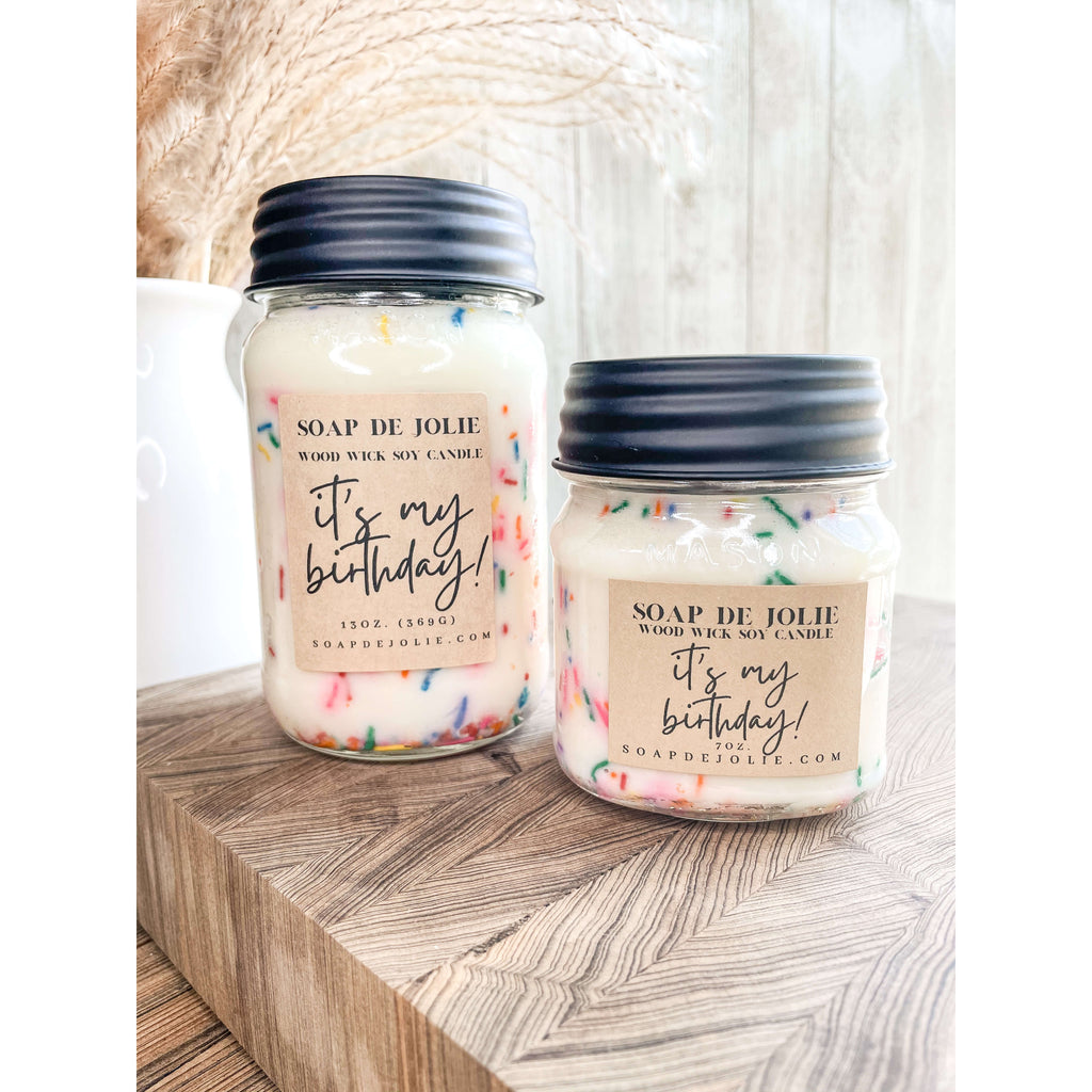 It’s My Birthday Mason Jar Candles - Premium Soy Candles from Soap de Jolie - Just $16! Shop now at Soap de Jolie